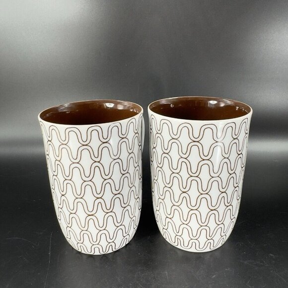 1970s FITZ & FLOYD FISHNET COFFEE MUG CUP BROWN WHITE HANDLED MUG SET 2 Pcs - Picture 11 of 13
